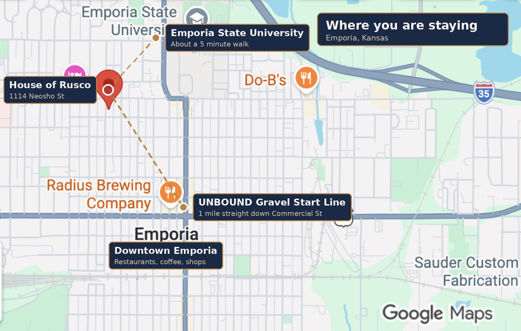 Map of Emporia showing House of Rusco, Emporia State University, downtown and the UNBOUND Gravel start line